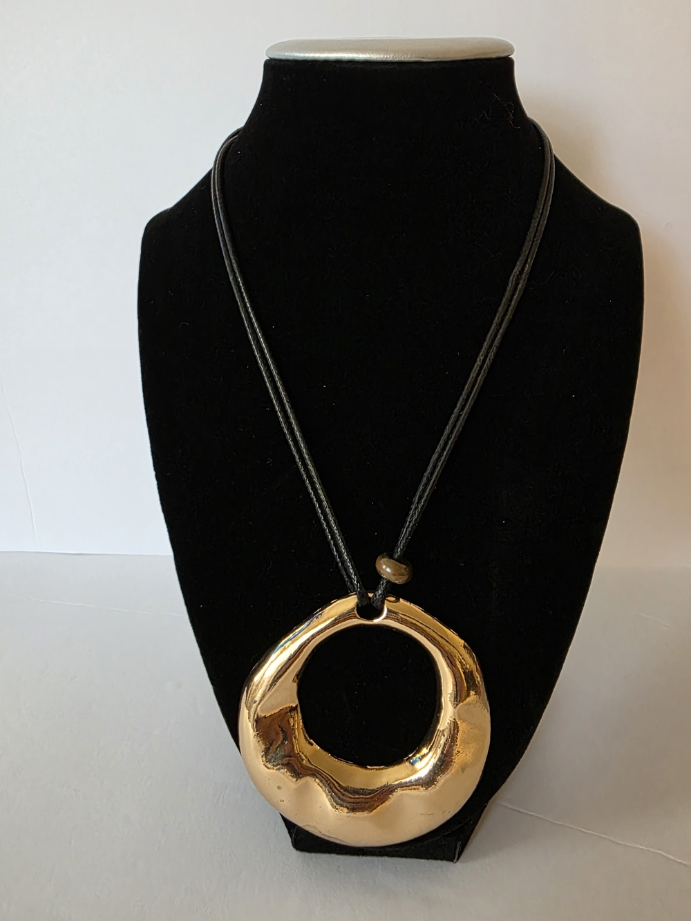 Fashion Jewelry Gold Tone Organic Circle Pendant Necklace - Black Cord